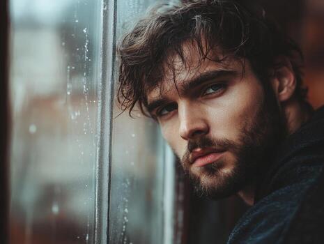 Lonely man gazing out of a rain-soaked window in a quiet room photo