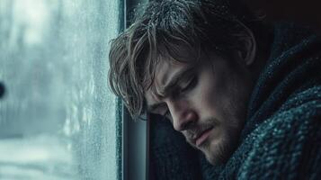 Lonely man gazes out of window on a cold winter day photo