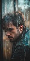 Lonely man gazes through rain-soaked window on a gray day photo
