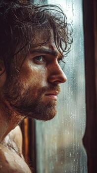Lonely man gazes out of a rain-soaked window with deep reflection photo
