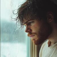 A man with a beard looks out the window photo