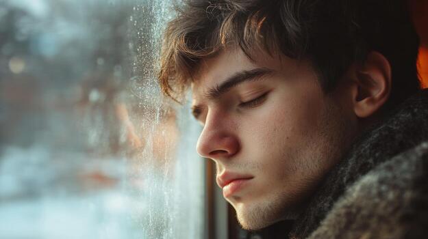 Lonely man gazes out of the window on a rainy day photo