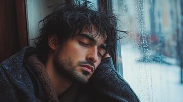 Lonely man resting by the window during a rainy day in winter photo