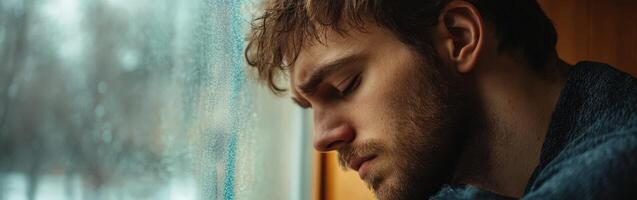 Lonely man gazes out of window during a cold day photo