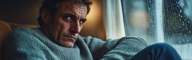 Lonely man gazes out at the rain from a cozy indoor space photo