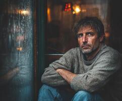 Lonely man reflecting by a rain-soaked window in a cozy space photo