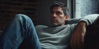 Lonely man reflecting on life while sitting by a rainy window photo