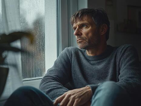 Lonely man staring out the window on a rainy day photo