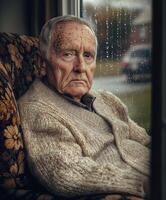 Lonely man gazes out of window on a rainy afternoon photo