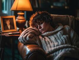 Woman in cozy sweater reflects on loss through soft lighting photo