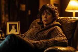 Mourning Alone on a Cozy Couch in Dimly Lit Living Room photo