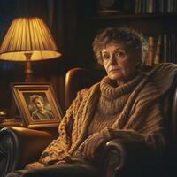 Mourning woman reflects in a dimly lit living room photo