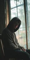 Teenager sitting by the window reflecting on emotions and struggles photo