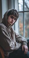 Teenager reflecting on feelings by a window during a rainy day photo