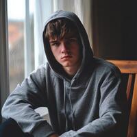 Teenager reflecting on feelings of sadness indoors during a cloudy day photo