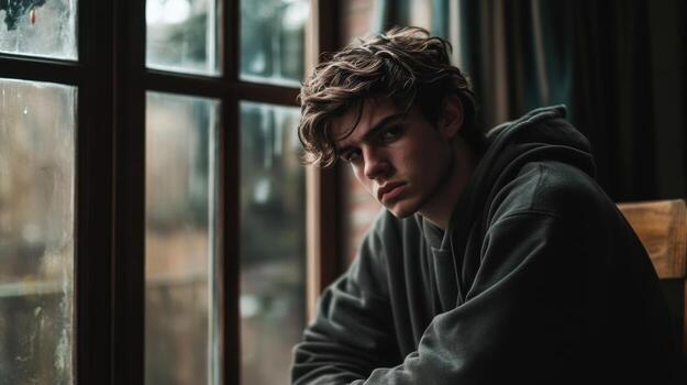 Struggles of a teenager reflecting by the window during a rainy day photo