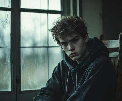 Teenage boy reflecting on emotions in an empty room with dim light photo