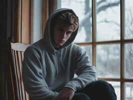 Teen sitting alone by a window during a gray winter afternoon photo