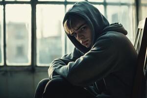 Teen in a dim room, lost in thought photo
