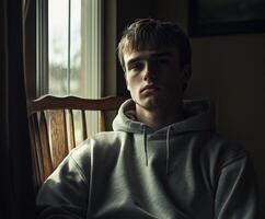 Teenager reflecting on feelings of sadness in a dimly lit room photo