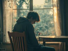 Teenage boy reflecting on life in a quiet room during sunset photo