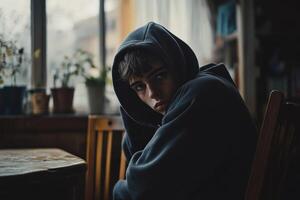 A young man in a hoodie sitting at a table photo