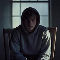Teen sitting in dim room reflecting on mental health struggles photo
