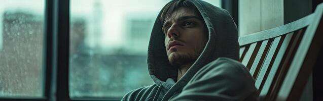 Teenage boy reflects on feelings of sadness during rainy afternoon photo