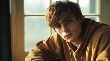 Teenage boy reflecting on his feelings in a cozy room photo
