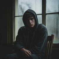 Teen boy faces emotional struggles in dimly lit room photo