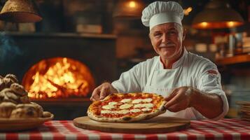 A man in a chef hat is holding a pizza photo