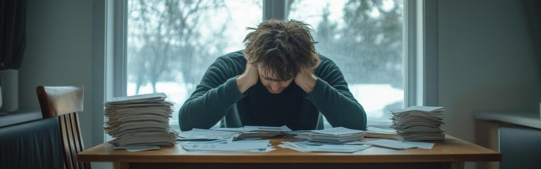 Man experiences emotional struggle while seated at a cluttered table photo
