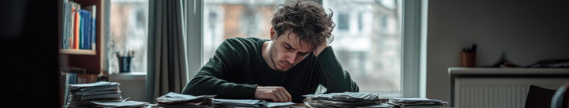 Sad man sits at table surrounded by papers in a dim room photo