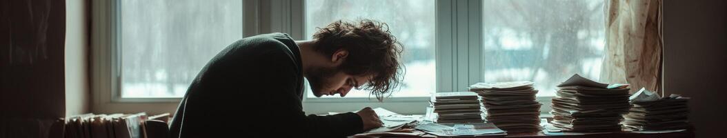 A man sits hunched over at a cluttered desk, writing intently photo
