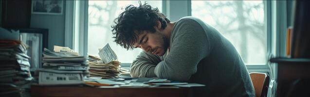 Man sitting at desk showing signs of depression in a cluttered room photo