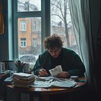 Man reflecting on life while sitting at a cluttered table indoors photo