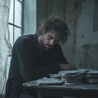 Man in despair surrounded by papers in a dim room photo