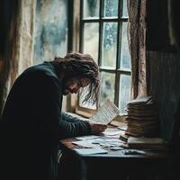 Man reflecting on life while reading letters in a dimly lit room photo