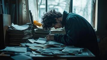 Man sits in despair surrounded by piles of papers in a dim room photo