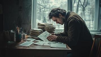 Man reflecting on old letters in a dimly lit room during winter photo