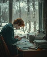 Man sitting by window reflecting on letters and emotions in winter photo