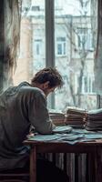 Man experiences sadness while sitting at cluttered table near window photo