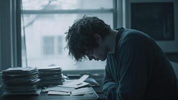 Emotional struggle of a man reflecting on his challenges indoors photo