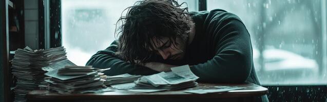 Man sitting alone at a table overwhelmed by papers in a dimly lit cafe photo