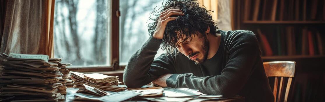 Man in deep thought surrounded by papers in a dimly lit room photo