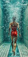 Swimmer glides through underwater corridor during training session photo