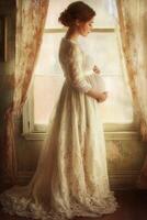 Expecting mother in elegant dress gazes out the window photo