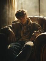 Teen sitting contemplatively in a cozy armchair near a window photo