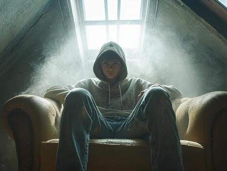Young person in a dim attic sitting on a couch surrounded by fog photo