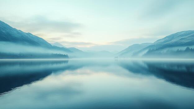 A lake surrounded by mountains and trees at sunrise photo